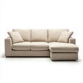 Beżowa sofa narożna z prawostronnym szezlongiem, tapicerowana tkaniną, 240 x 160 x 85 cm