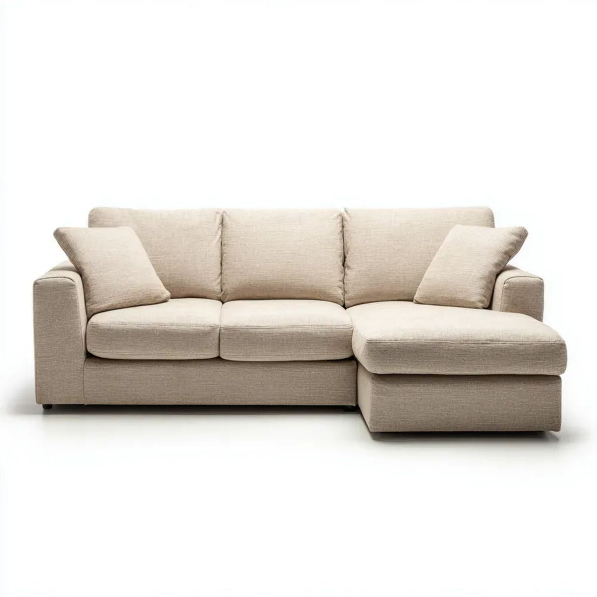 Beżowa sofa narożna z prawostronnym szezlongiem, tapicerowana tkaniną, 240 x 160 x 85 cm