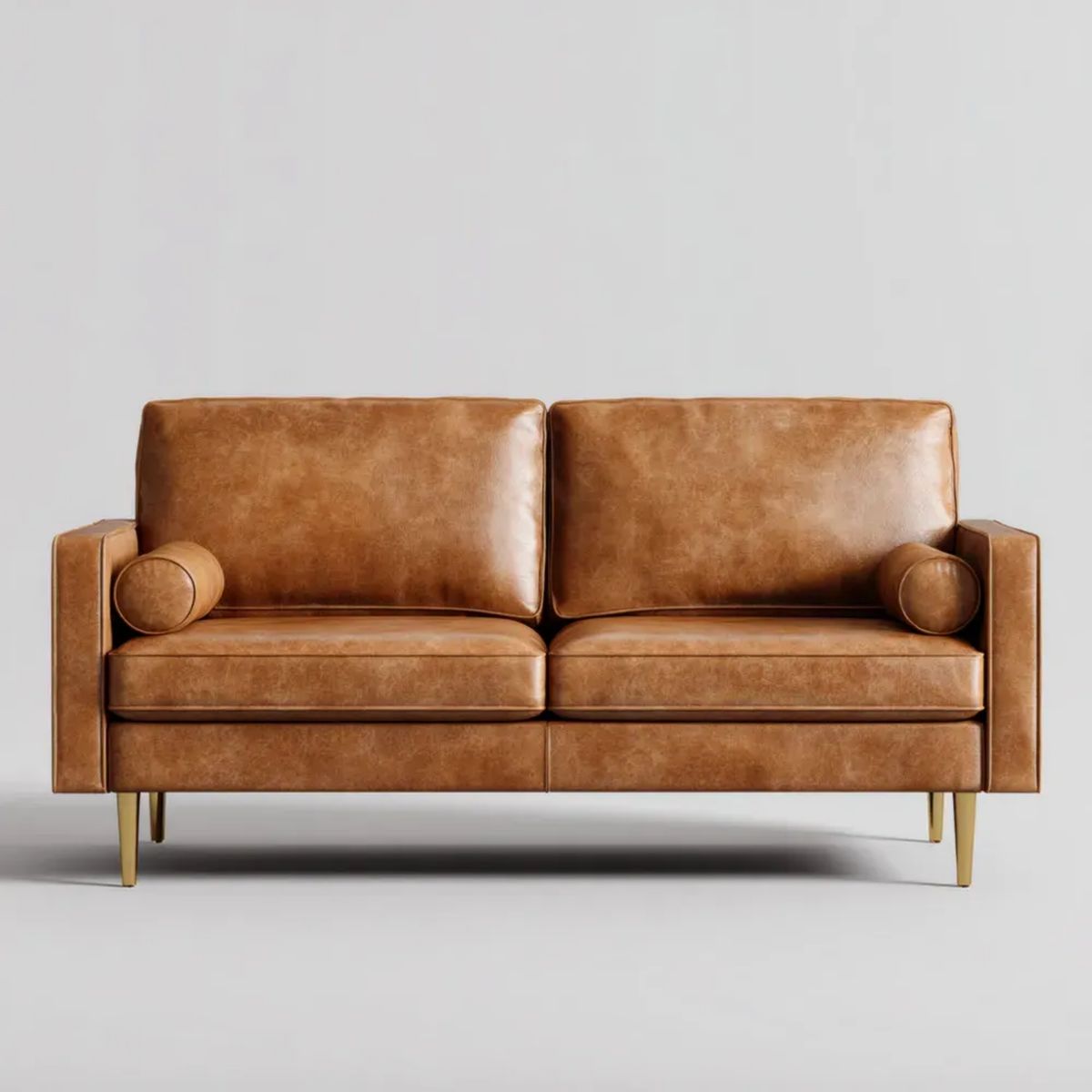 Dwuosobowa sofa z ekoskóry koniakowa ze złotymi nogami 160 × 85 × 85 cm