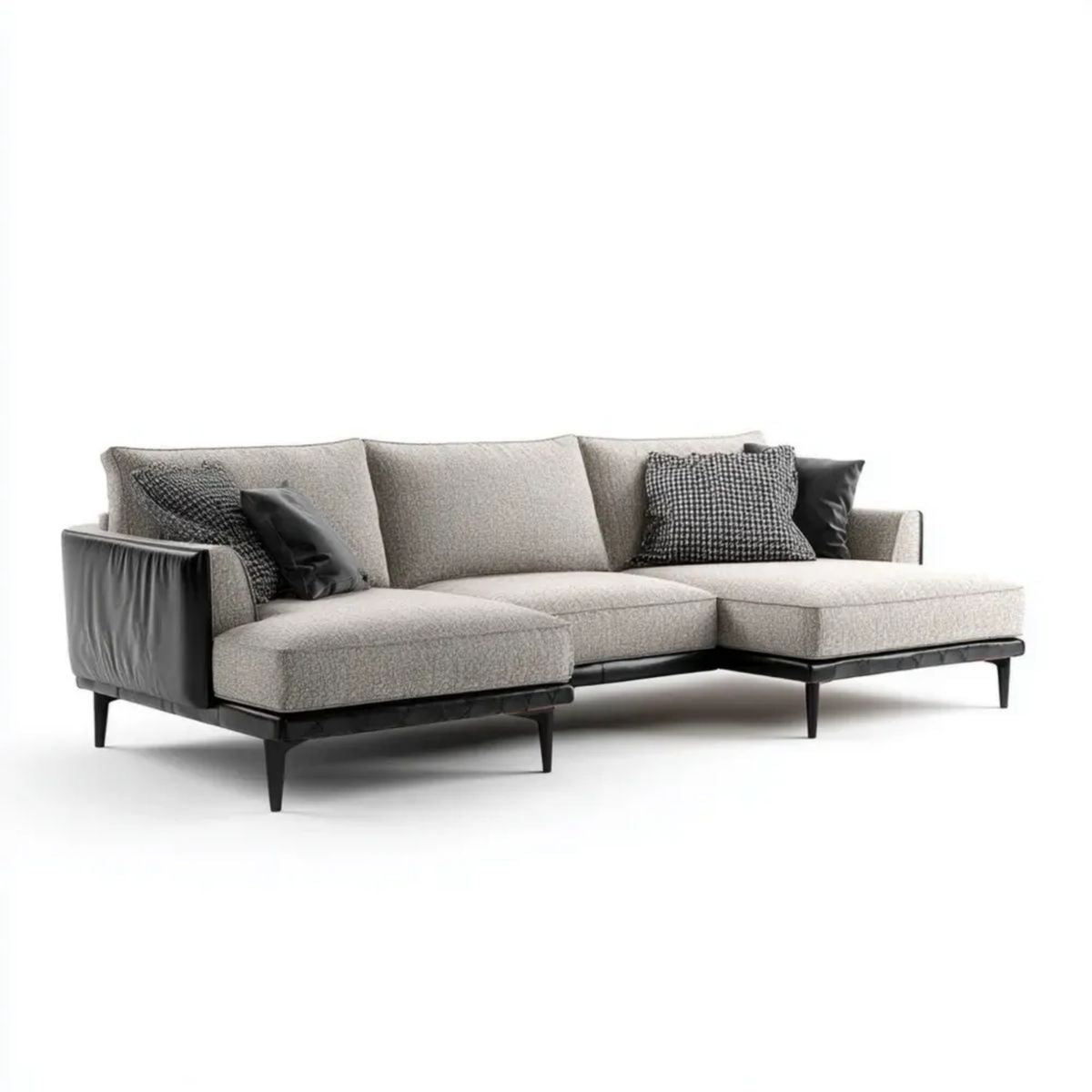 Szara sofa narożna z prawostronnym szezlongiem, tapicerka poliestrowa i elementy PU, 280 x 170 x 85 cm