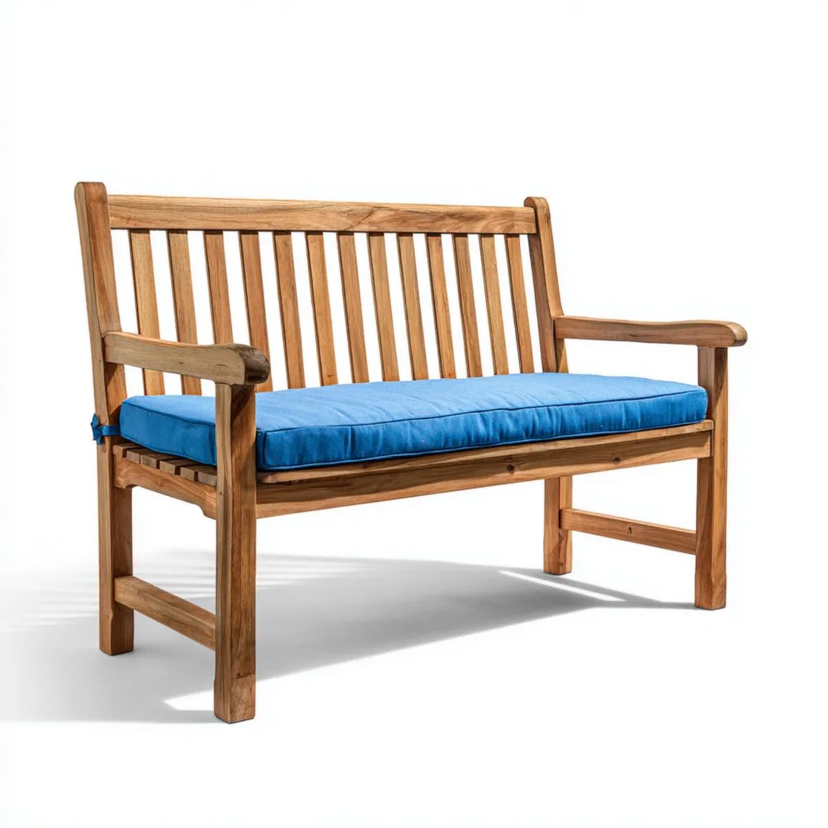 Dwuosobowa ławka ogrodowa z drewna tekowego 120 x 65 x 92 cm, brązowa z niebieską poduszką