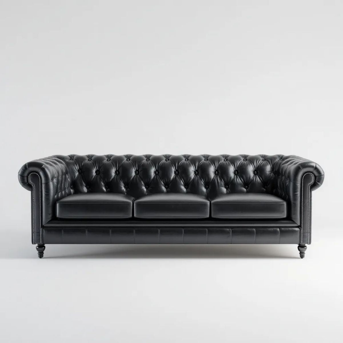 Czarna sofa trzyosobowa ze skóry syntetycznej PU, pikowana, 210 × 90 × 75 cm