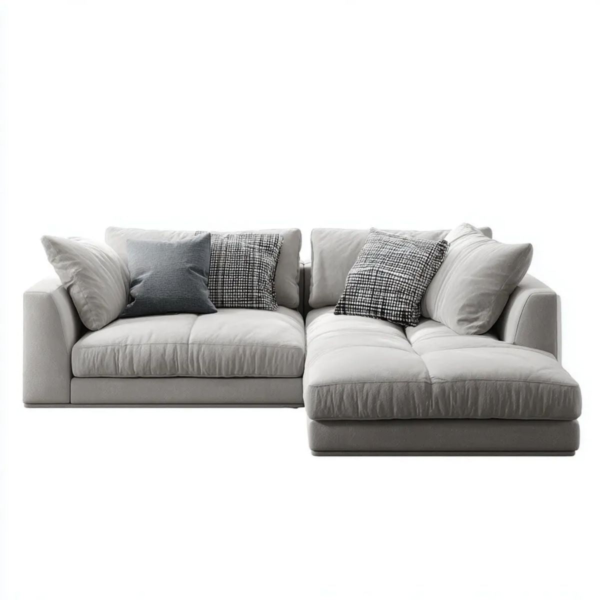 Jasnoszara sofa narożna z prawostronnym szezlongiem, tapicerka poliestrowa, 290 × 170 × 85 cm