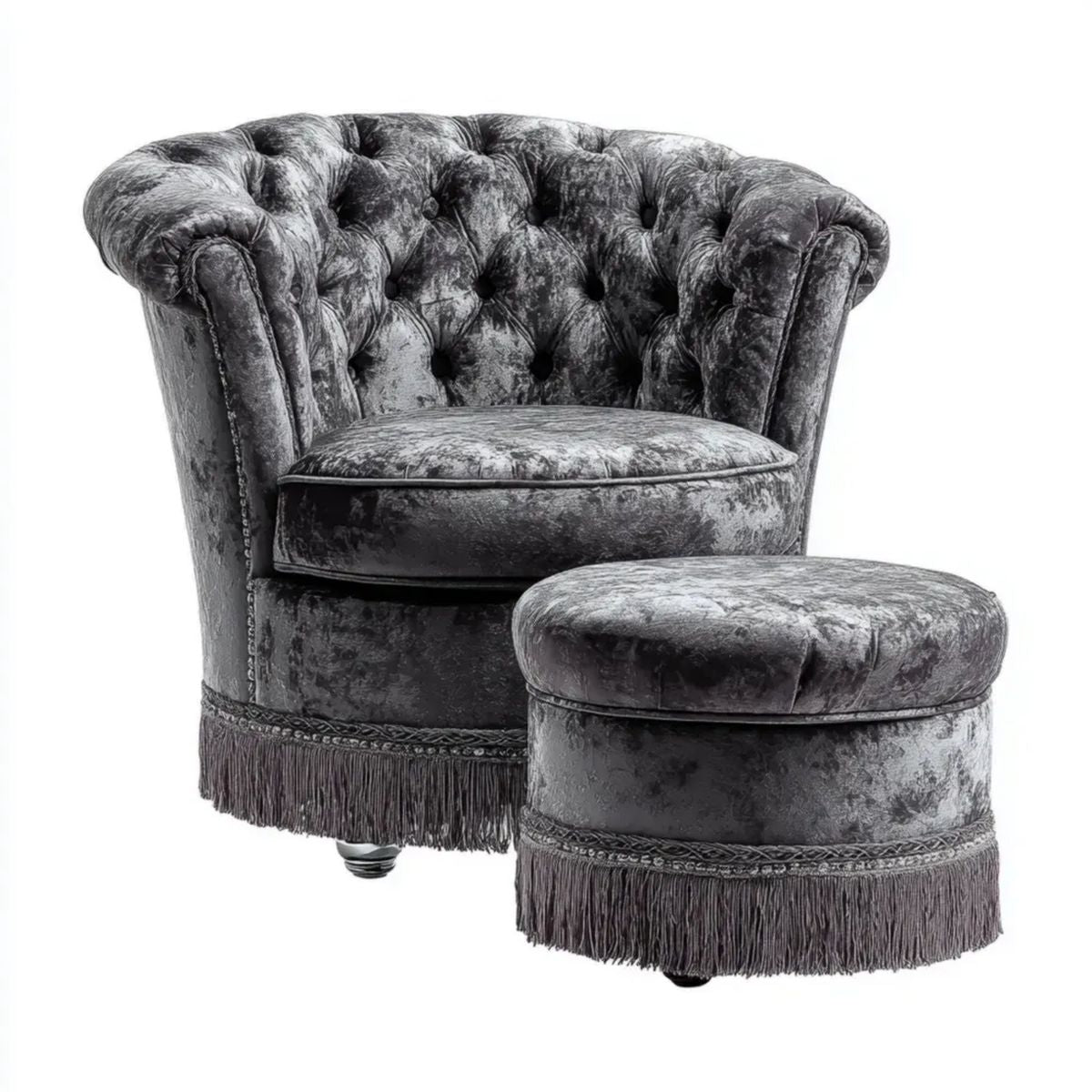 Aksamitny fotel wypoczynkowy Chesterfield z podnóżkiem, ciemnoszary, 100 × 90 × 80 cm