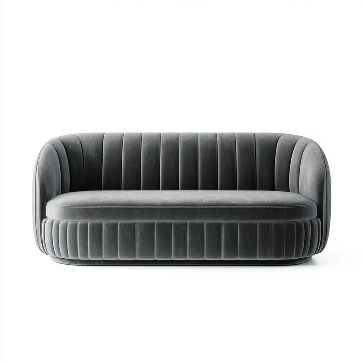 Szara dwuosobowa sofa aksamitna o owalnej formie, 180 x 85 x 75 cm