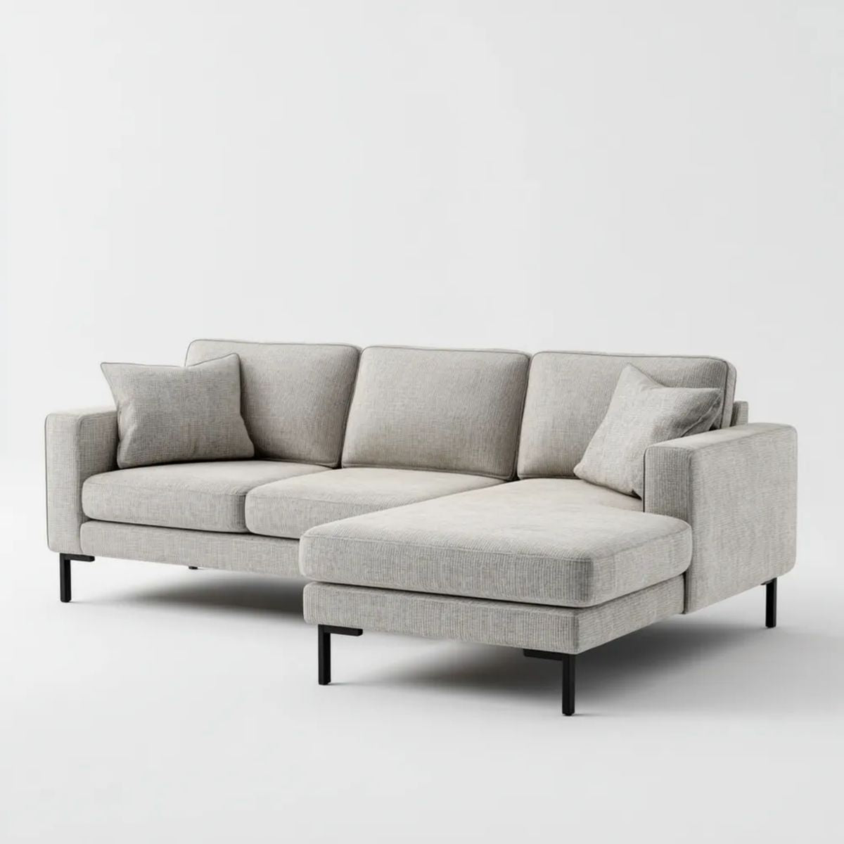 Prawostronna sofa narożna z szezlongiem jasnoszara, tapicerka poliestrowa, 270 x 165 x 85 cm