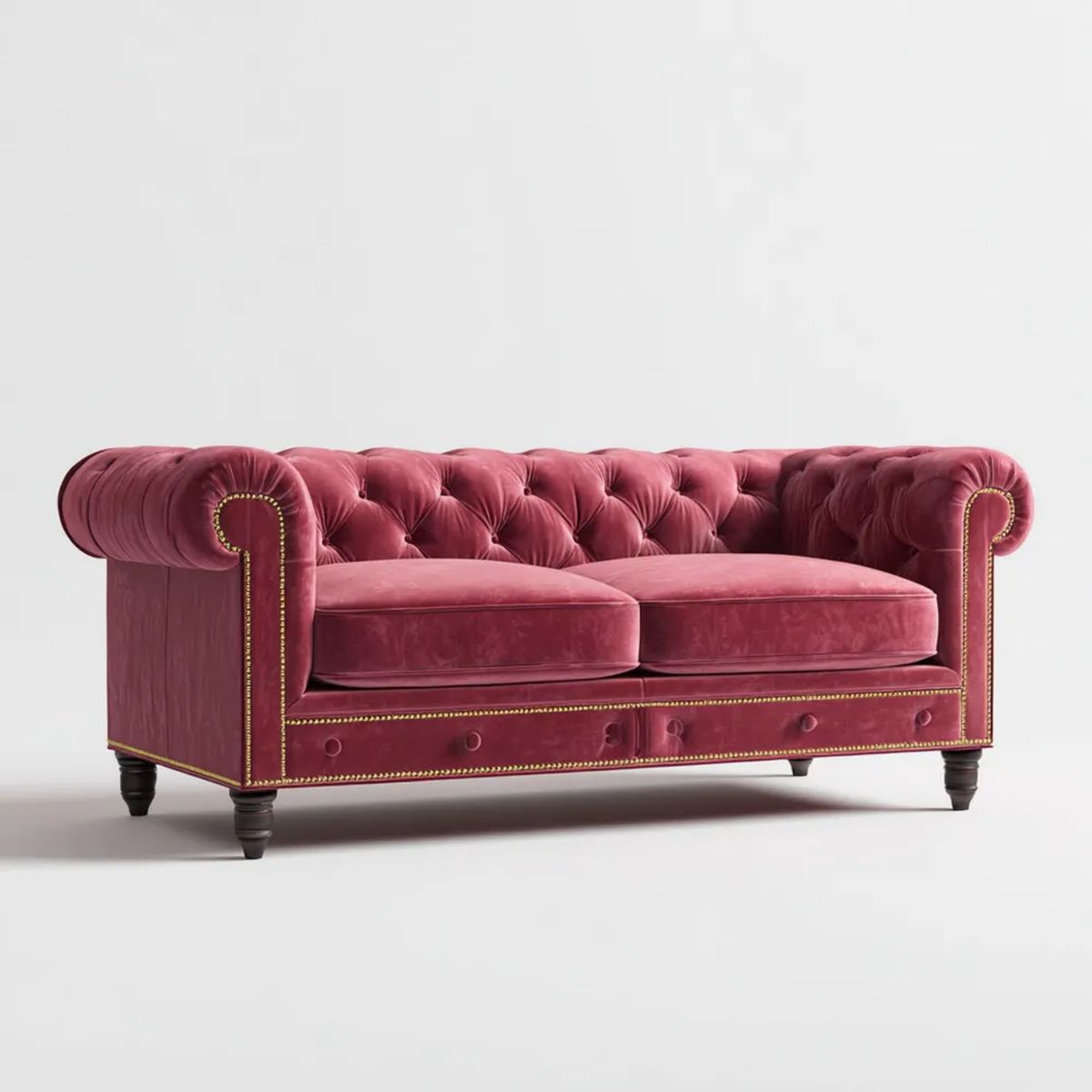 Trzyosobowa sofa Chesterfield z aksamitu, bordowa ze złotymi detalami, 210 x 90 x 75 cm