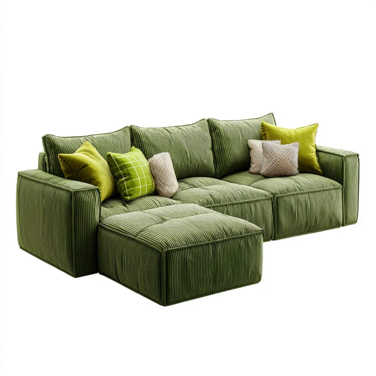 Modułowa sofa 3-osobowa z pufą, zielona, ze sztruksu poliestrowego, 280 × 105 × 85 cm
