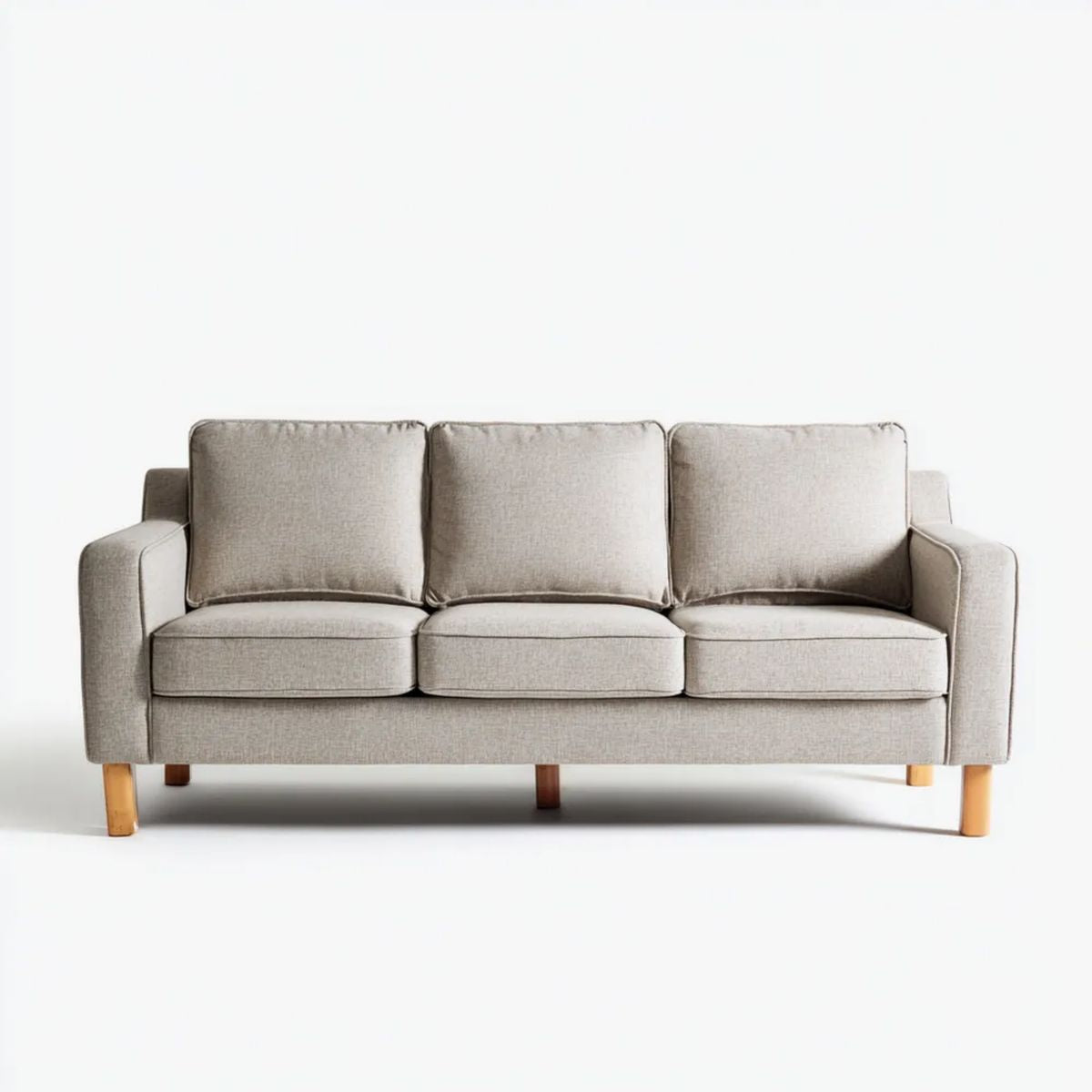 Trzyosobowa sofa szarobeżowa z tkaniny na drewnianych nogach, 210 x 88 x 86 cm
