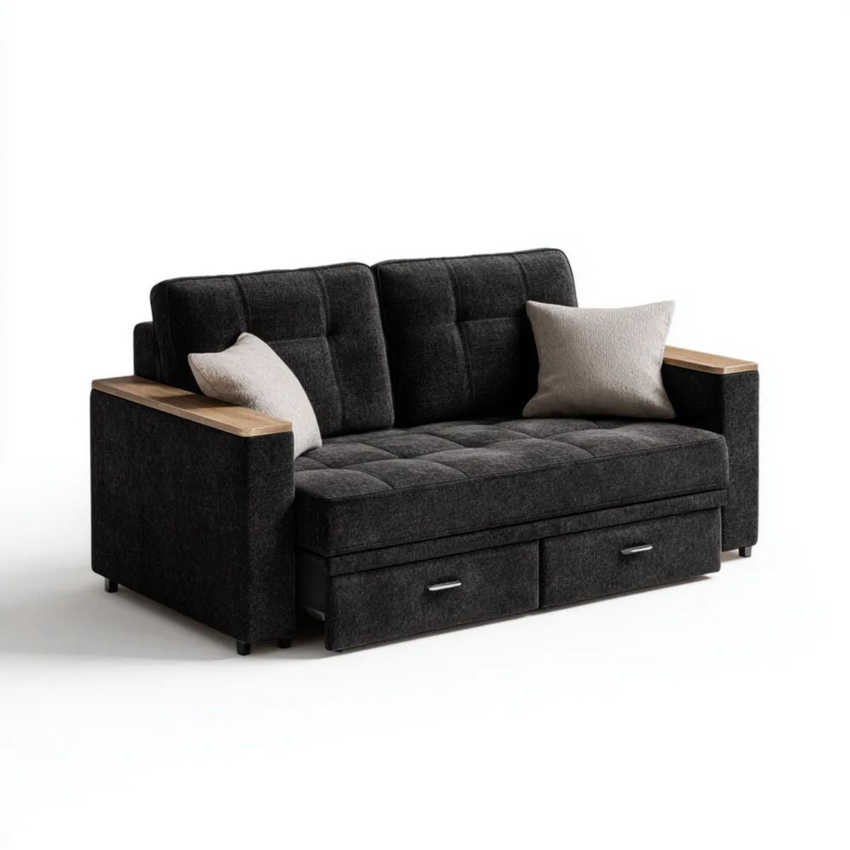 Dwuosobowa sofa grafitowa z tapicerką poliestrową, drewnianymi nakładkami i 2 szufladami, 160 x 90 x 90 cm